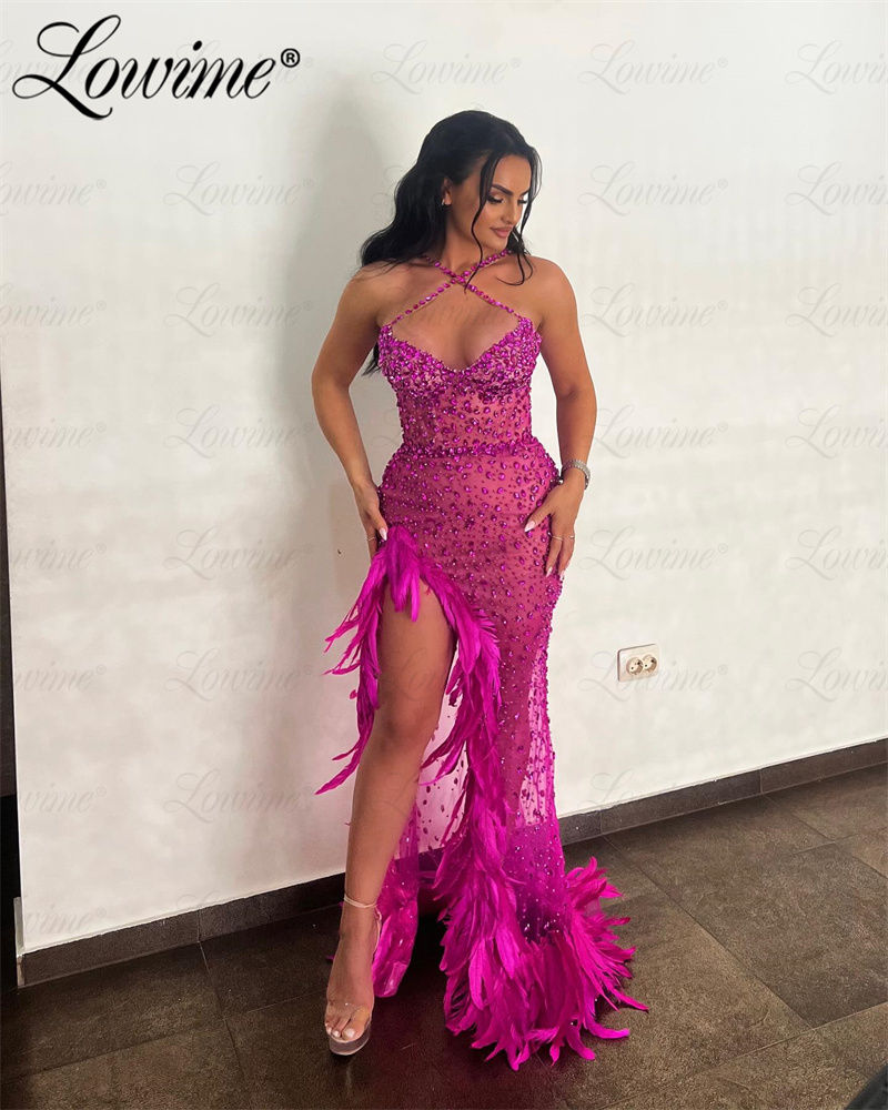 Thumbnail: Hot Pink High Slit Haute Couture Crystals Feather Dress