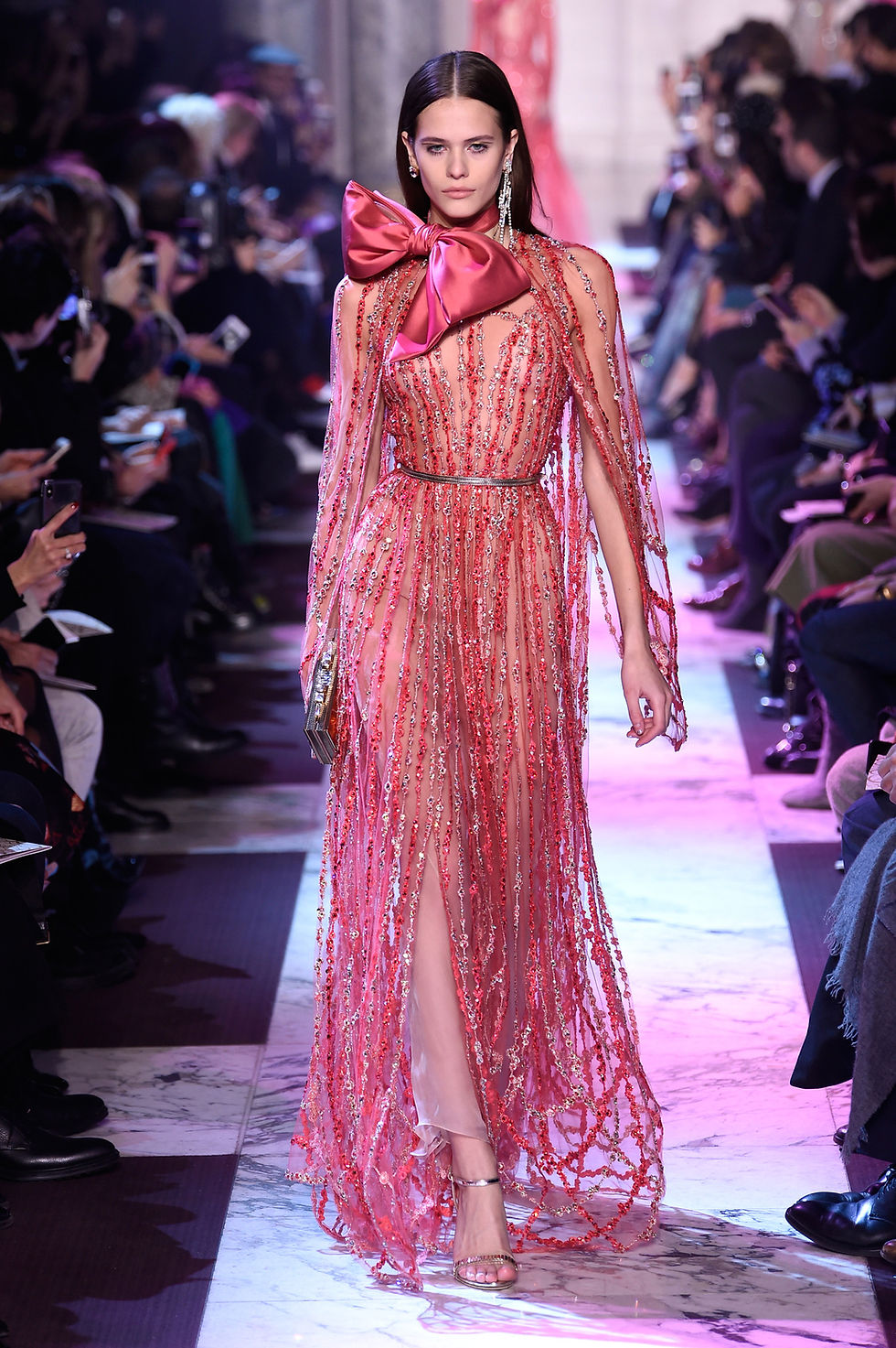 Thumbnail: Elie Saab Sleeves Beaded Satin Bow Long Dress