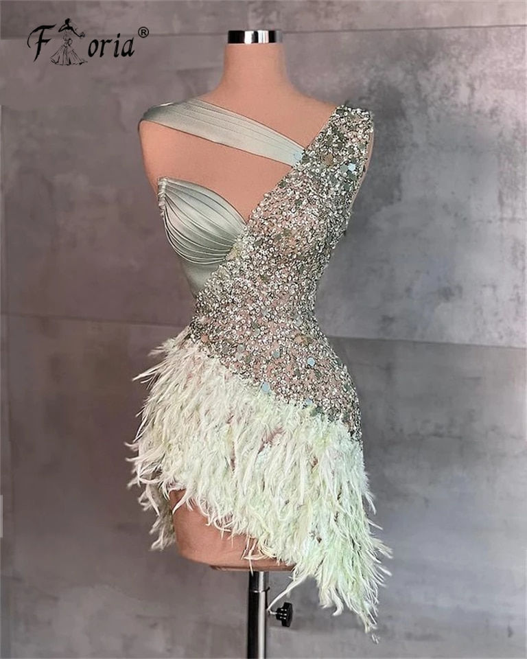 Thumbnail: Haute Couture Feathers Beads Mint Green Dress Custom Made Event Dress