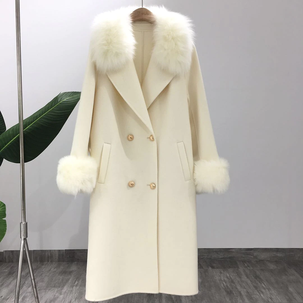 Thumbnail: Womens Natural Fox Fur Collar Cashmere Wool Blend