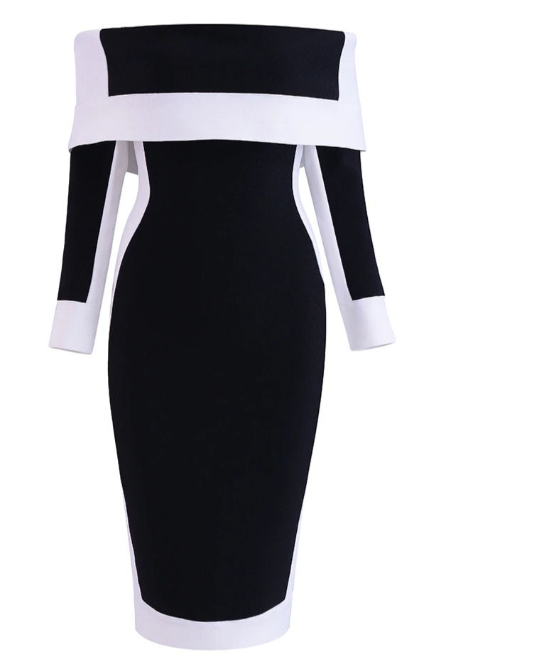 Thumbnail: Womens Black/White Off Shoulder Party Dress