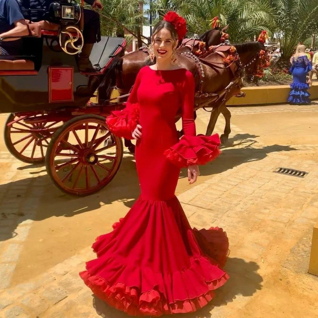 Customized Long Sleeve Red Crepe Prom Dresses Mermaid Tulle Floor Length Formal