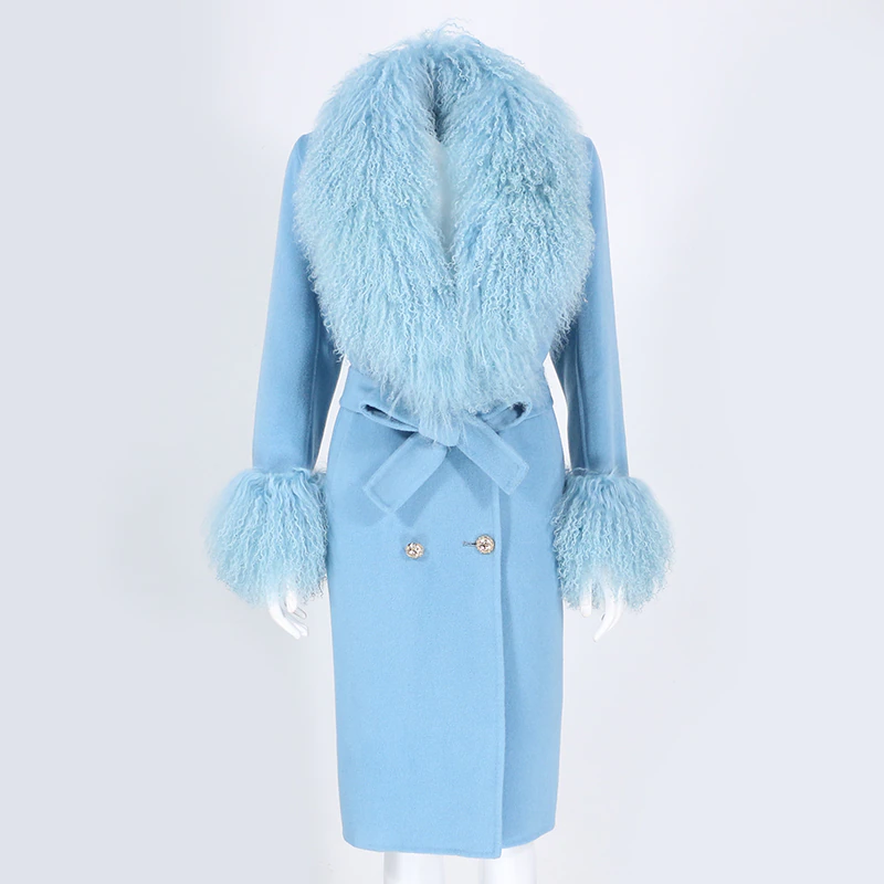 Thumbnail: Womens Natural Fox Fur Collar Cashmere Wool Blend