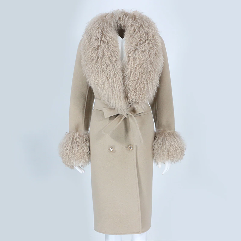 Thumbnail: Womens Natural Fox Fur Collar Cashmere Wool Blend