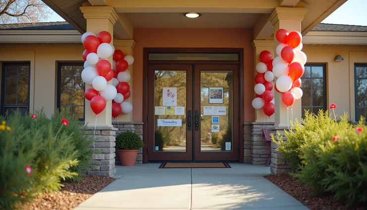 Eye-level view of House of Refuge entrance decorated for donation event