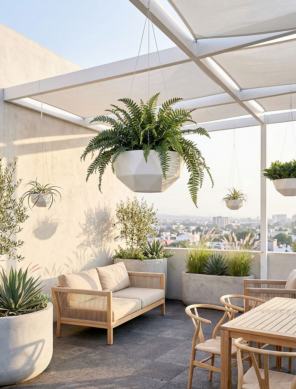 Macetas colgantes blancas de diseño geométrico con helechos verdes en una terraza moderna de estilo minimalista con muebles de madera clara y vista urbana.