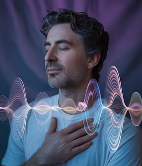A person with eyes closed, one hand on the chest, soft sound waves illustrated or light ri