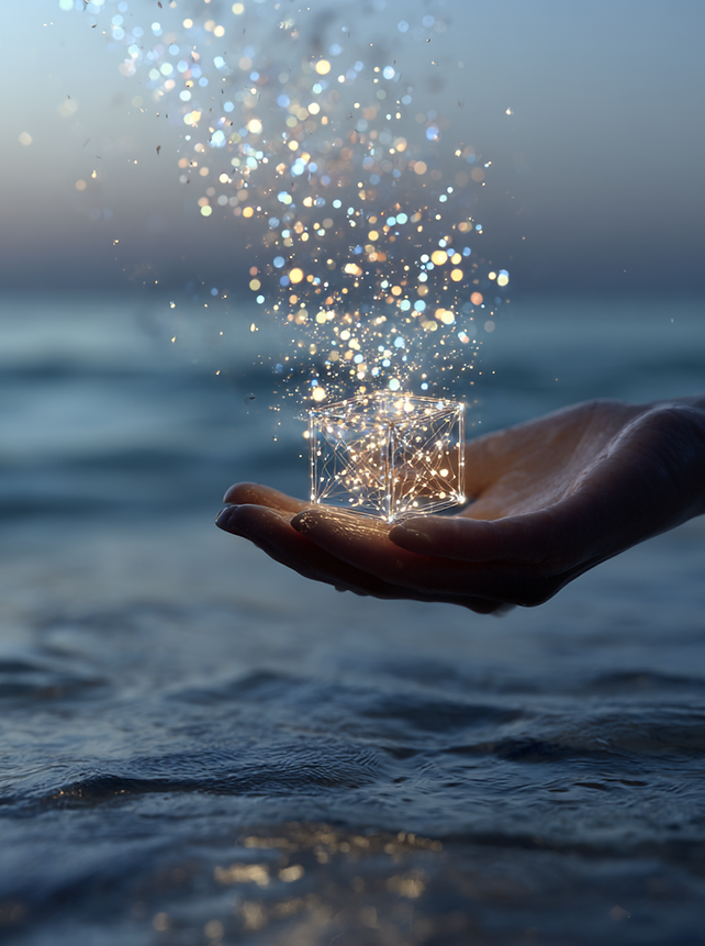 A hand held over the ocean at dusk cradles a glowing cube made of light, with sparkling particles floating upward into the sky