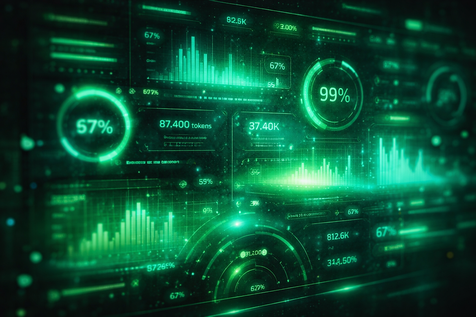 A futuristic digital interface in shades of green, displaying blurry, illegible graphics, gauges, and indicators, evoking an opaque artificial intelligence dashboard that is difficult to interpret.