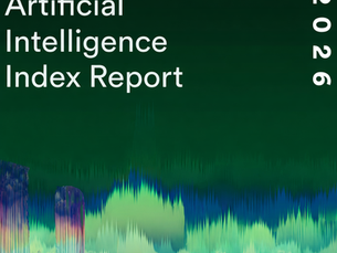 Couverture du rapport Artificial Intelligence Index Report 2026 avec fond vert forêt foncé, titre en blanc et visuel abstrait coloré en bas représentant des formes numériques et des données.
