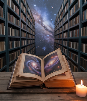 A library of light / cosmic archive — shelves fading into stars, or an abstract book with