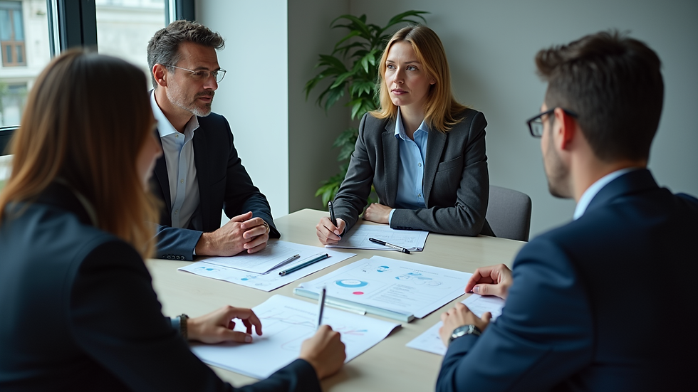 High angle view of a security consultant discussing safety plans with a team