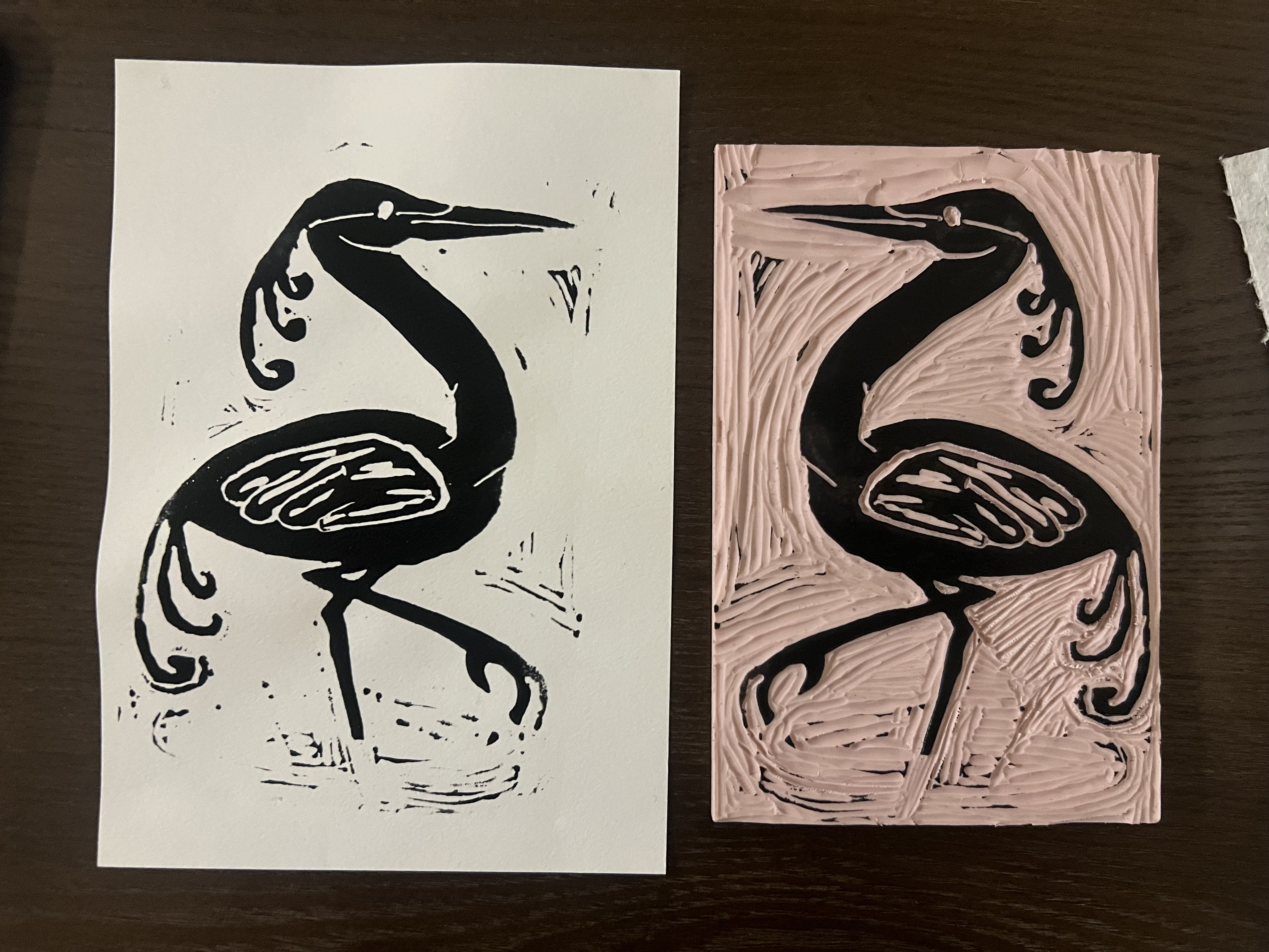 Whimsical carving of an egret standing in water. The image printed on black ink is on the left and the carved EasyCarve Block is on the right. 