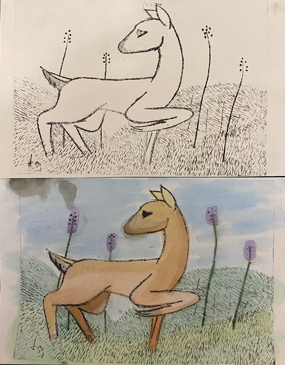 Deer Intaglio Print (on cardstock with watercolor paints), West Harlem, New York, 2022