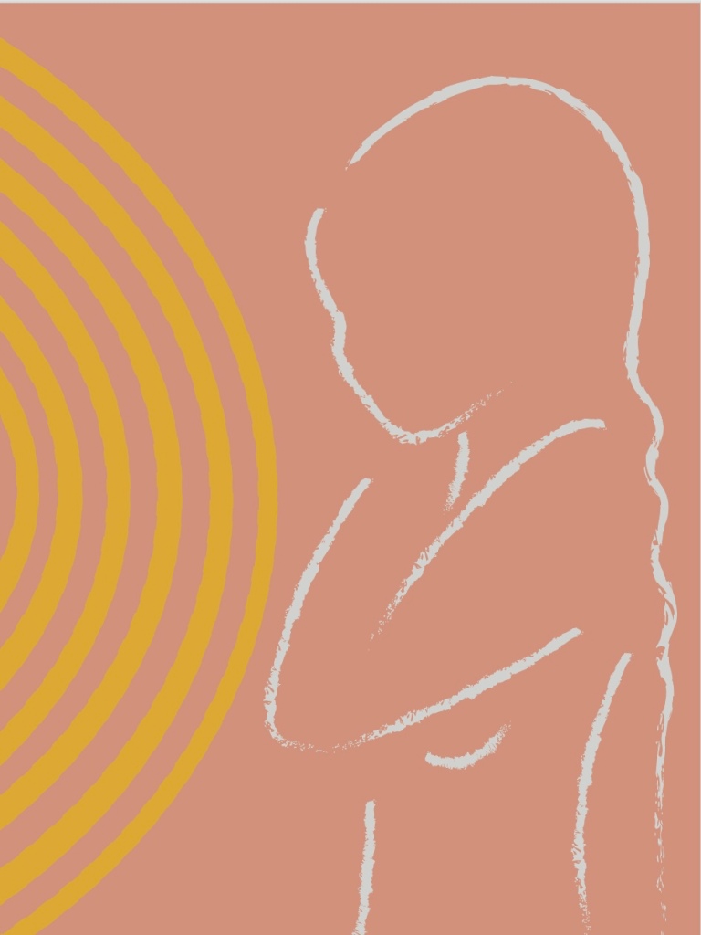 minimalist sketch of female in grey with deep yellow arches on a coral colored background. This is a digital image created by Bunny81 using Adobe Illustrator. 