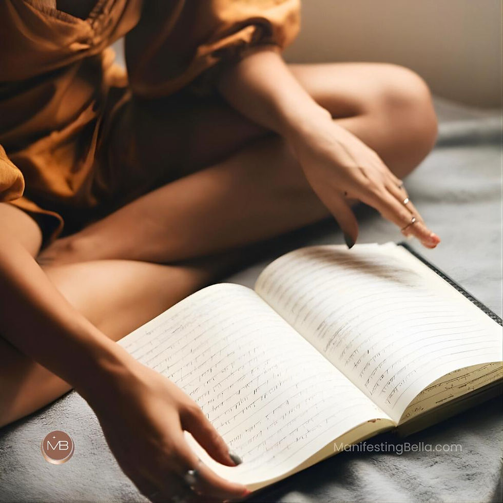 Person in a brown outfit sits on a gray blanket, rereading a journal entry.