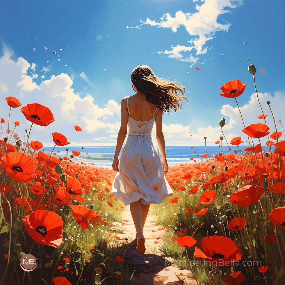 A woman walking through a vibrant field of red poppies toward the ocean, representing her personal manifestation journey.