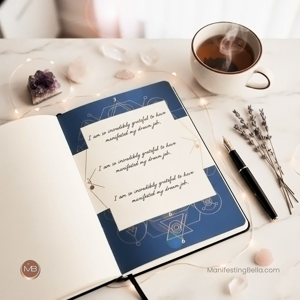 Open manifestation journal on a wooden desk showing 3-6-9 method scripting examples next to a fountain pen, crystals, and a cup of coffee.