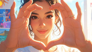 A woman with her hair in a bun framing her face with a heart shape made from her hands, standing in front of a blue wall covered in vision board photos.