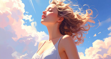 A woman with closed eyes and wind-swept hair, basking in soft sunlight against a backdrop of dreamy clouds and a blue sky, symbolizing the spiritual peace of manifestation.