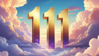 111 angel number manifestation portal represented by glowing gold numbers rising from a heavenly cloudscape, symbolizing new beginnings and mindset shifts.