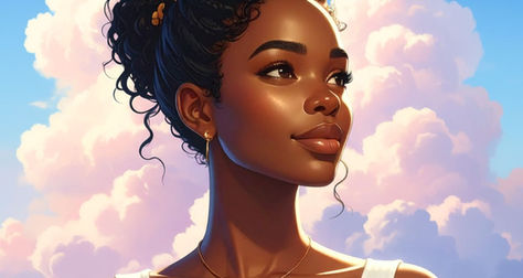 Woman with a happy expression on her face and bright billowing clouds behind her.