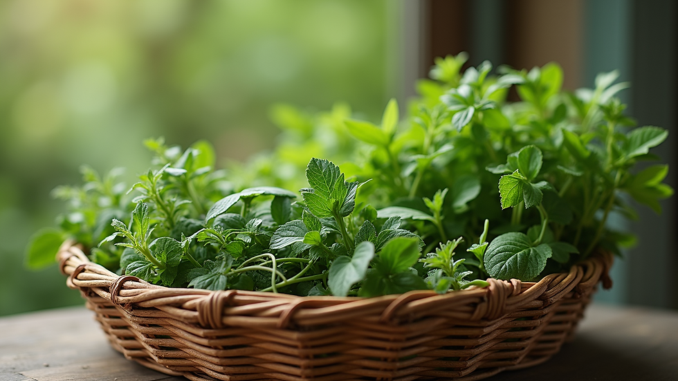 Eye-level view of a basket filled with freshly harvested wild herbs