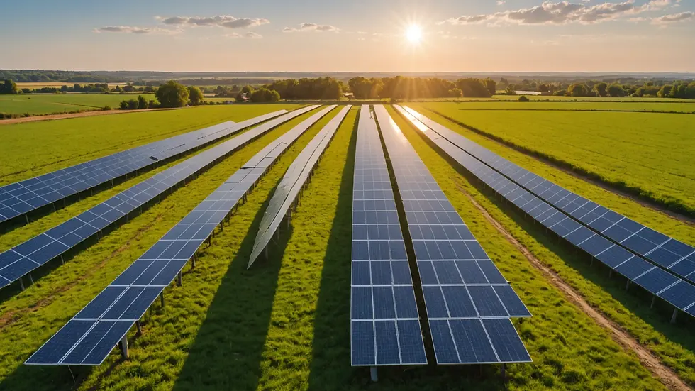 Wide angle view of solar panels in a sunlit field