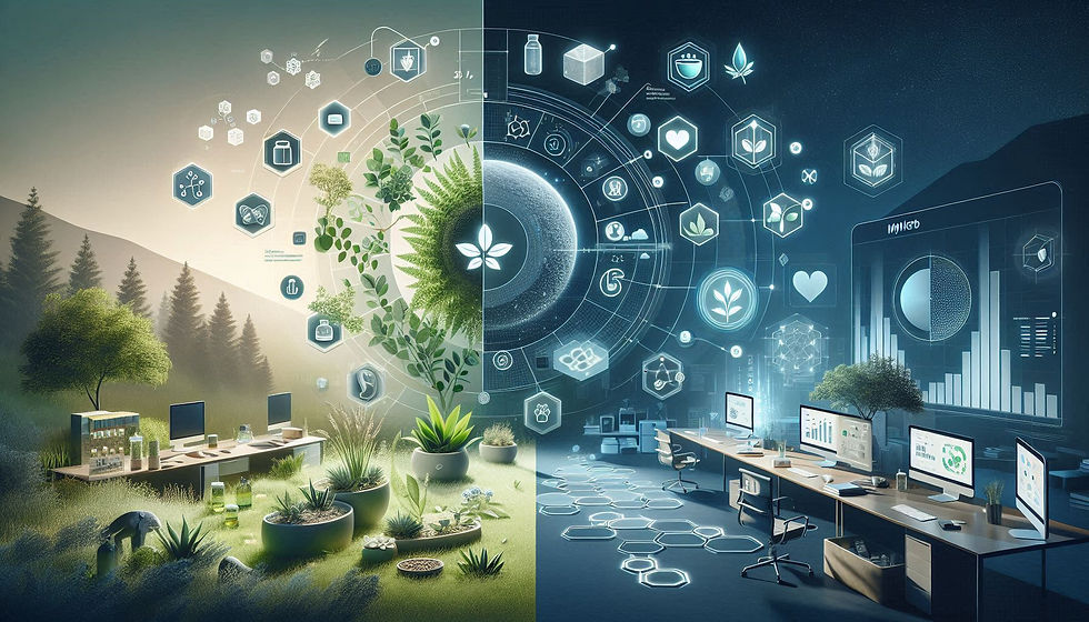 Split image of nature and technology: Left has greenery, trees, and computers outdoors. Right features digital screens and graphs inside.