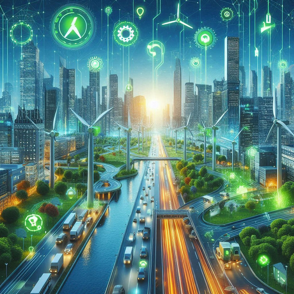 Futuristic cityscape with wind turbines, green icons, and highway traffic at sunset. Skyscrapers and digital elements create a tech vibe.