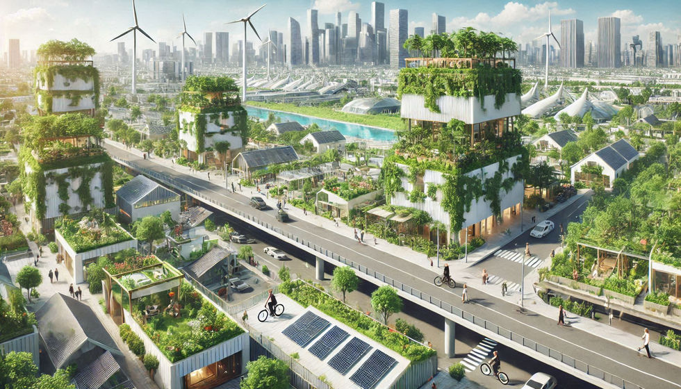 an artist 's impression of a city with lots of greenery and solar panels
