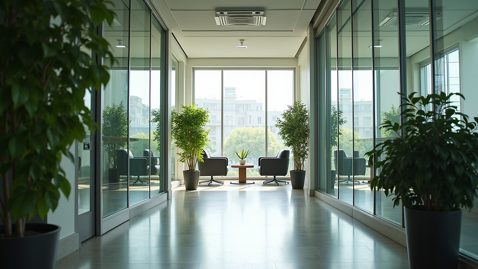 Wide angle view of a corporate office with greenery