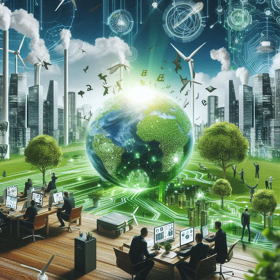 People work at computers in a futuristic cityscape with wind turbines and greenery. A glowing Earth hovers, symbolizing technology and nature.