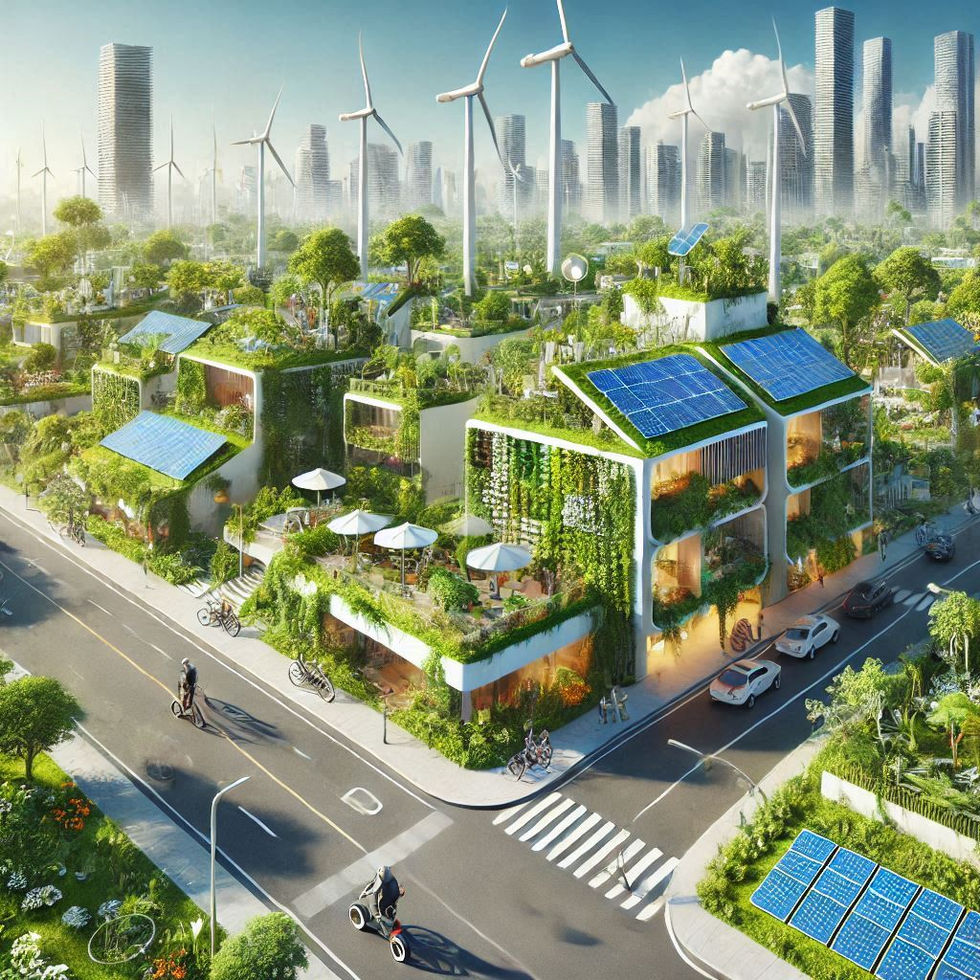 an artist 's impression of a city with solar panels and windmills