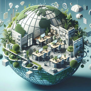 an illustration of a globe filled with lots of plants and computers