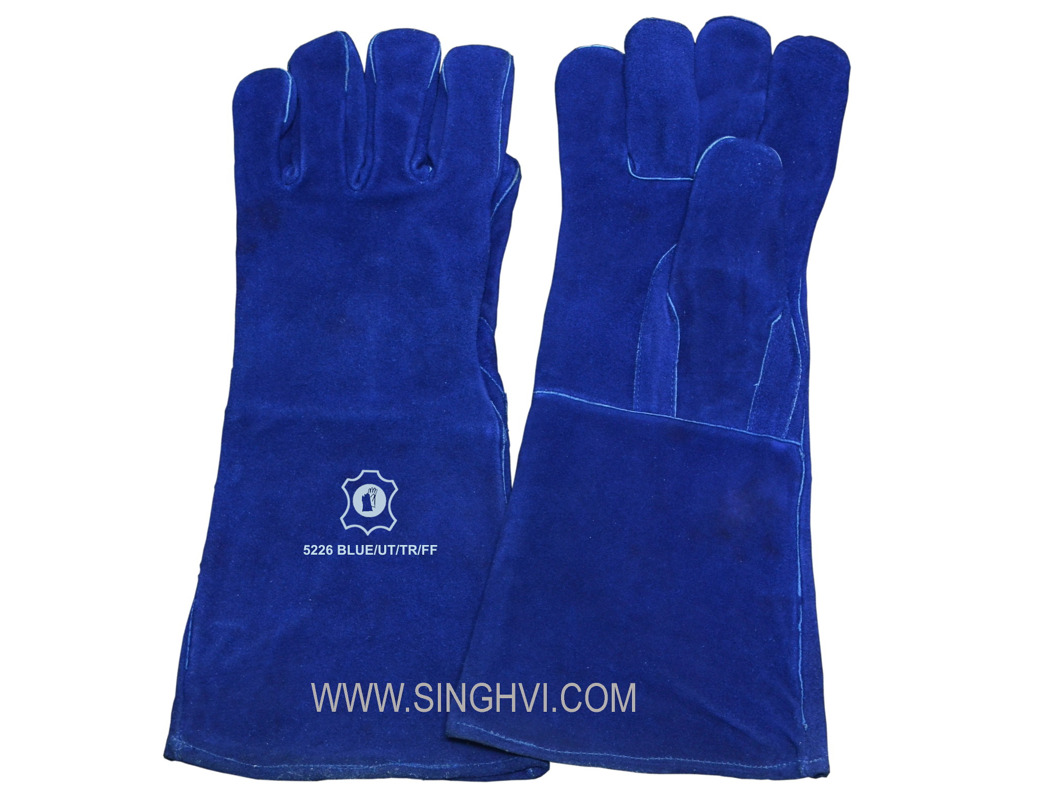 Special-purpose leather gloves: full blue cow split leather winter welder with upper-thumb reinforcement and full lining inside. Article 5226 BLUE/UT/TR/FF.