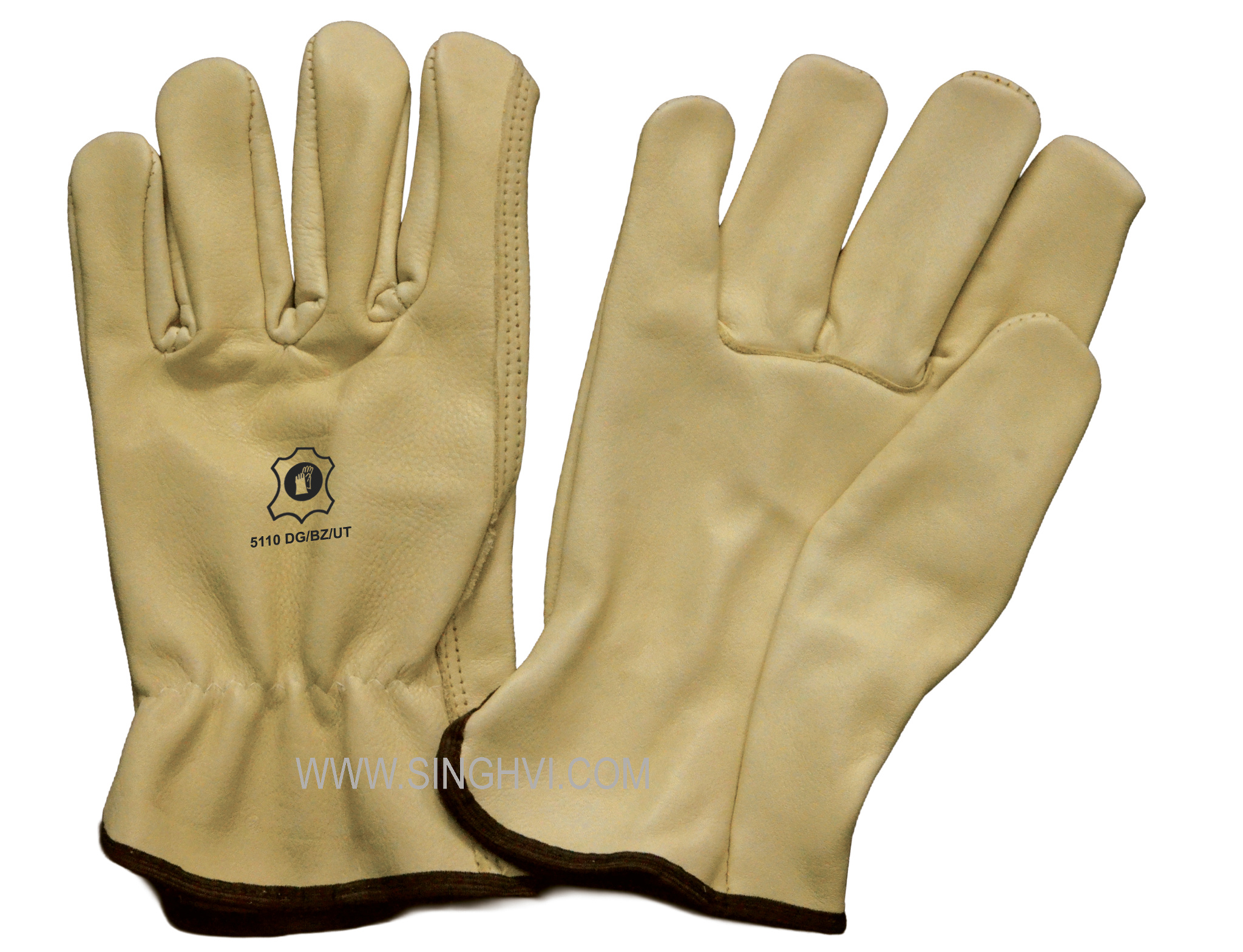 Leather driver and general-purpose gloves: full beige cow grain leather with straight upper thumb. Article 5110 DG/BZ/UT.
