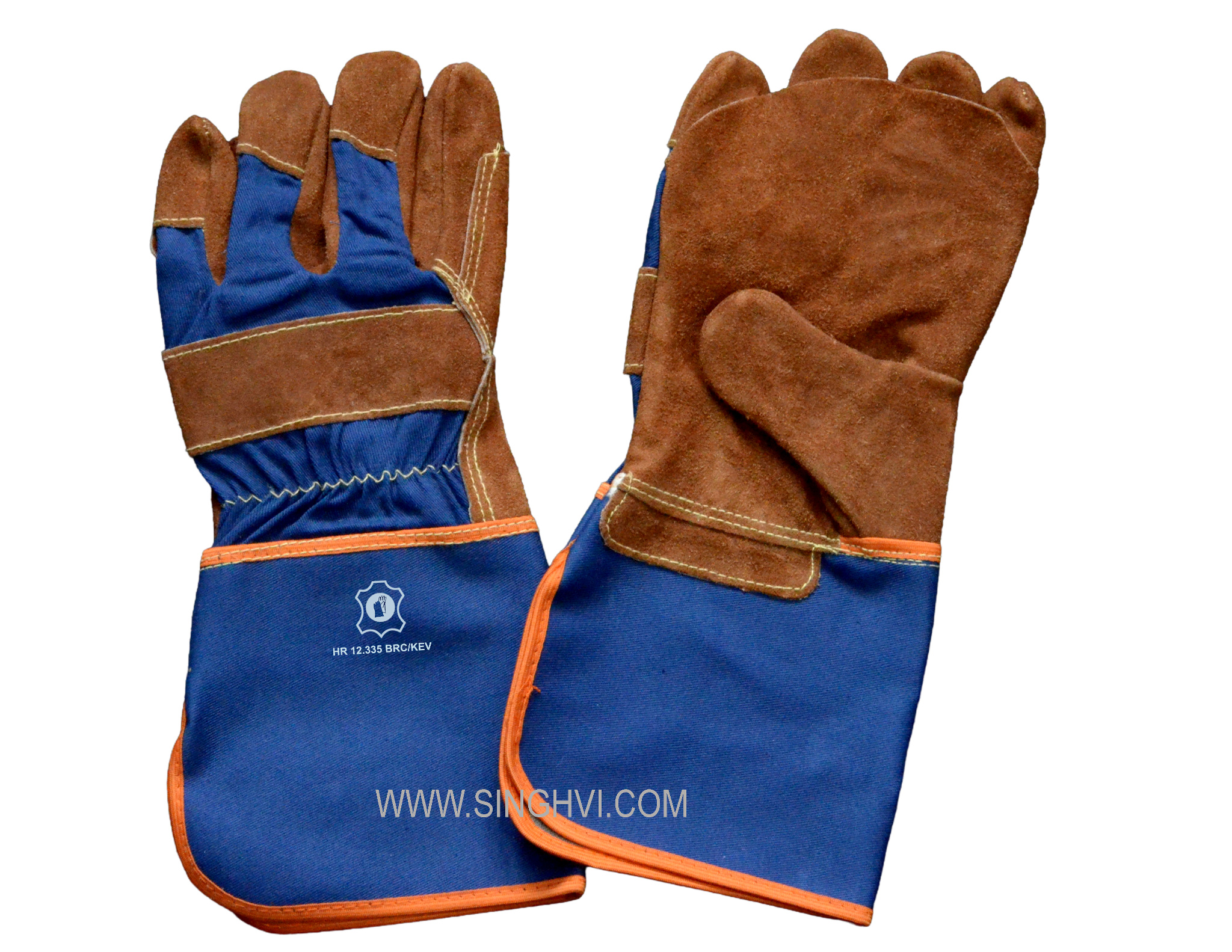Special-purpose leather gloves: heat-resistant cow split leather Canadian with full-palm reinforcement up to half-finger length and Kevlar stitching. Article HR 12.335 BRC/KEV.