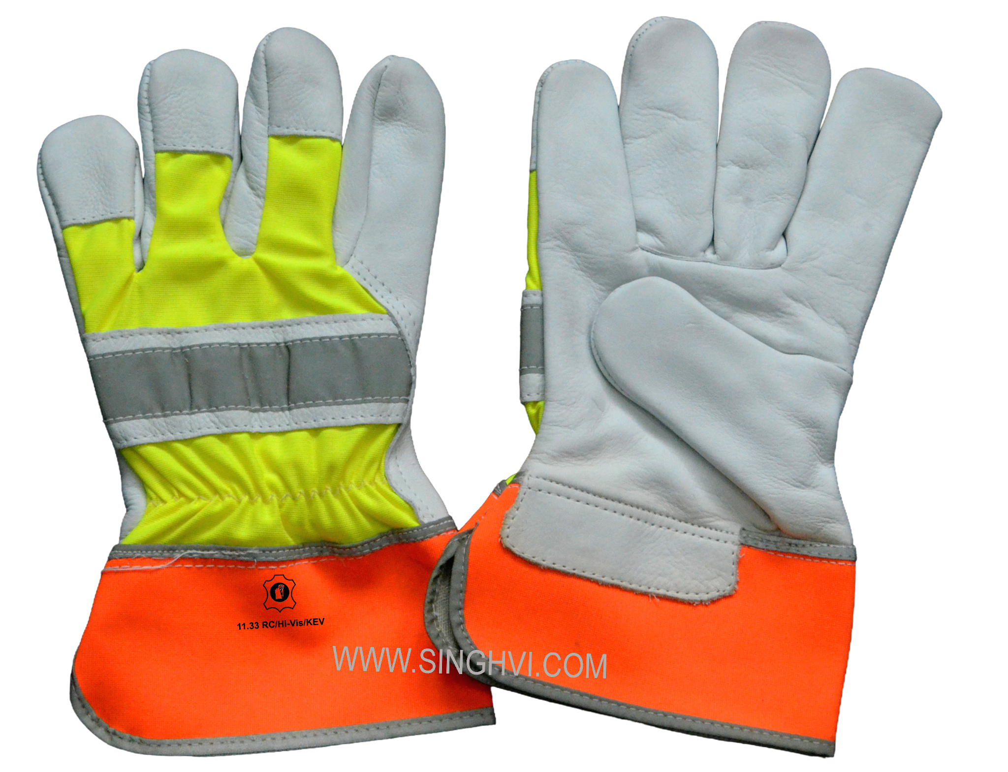 Special-purpose leather gloves: cow grain leather Canadian with rubberised cuff, reflective binding, high-visibility fabric back and reflective knuckle strip. Article 11.33 RC/Hi-Vis/KEV.