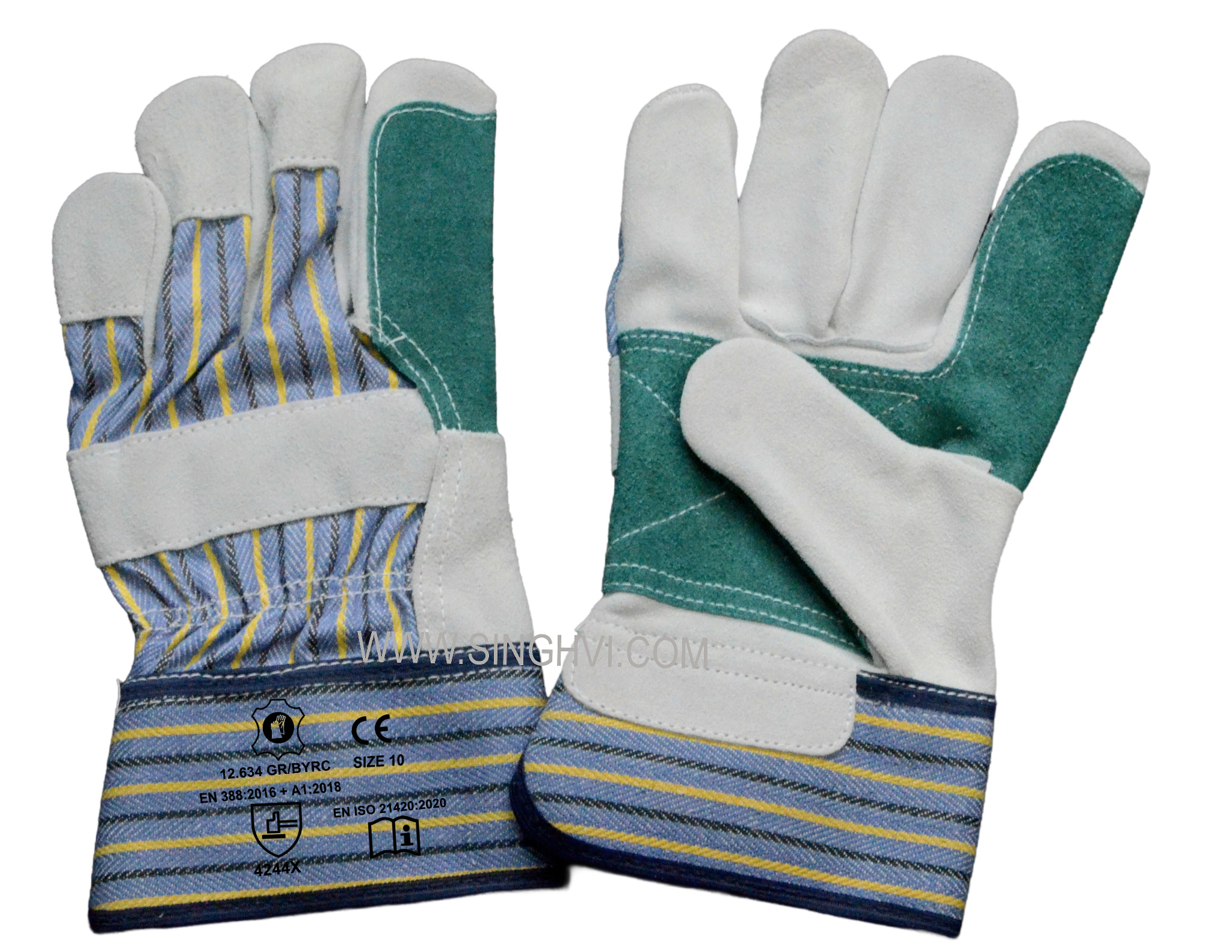 Canadian rigger gloves: cow split leather with rubberised cuff and full palm, thumb and index reinforcement. Article 12.634 GR/BYRC.