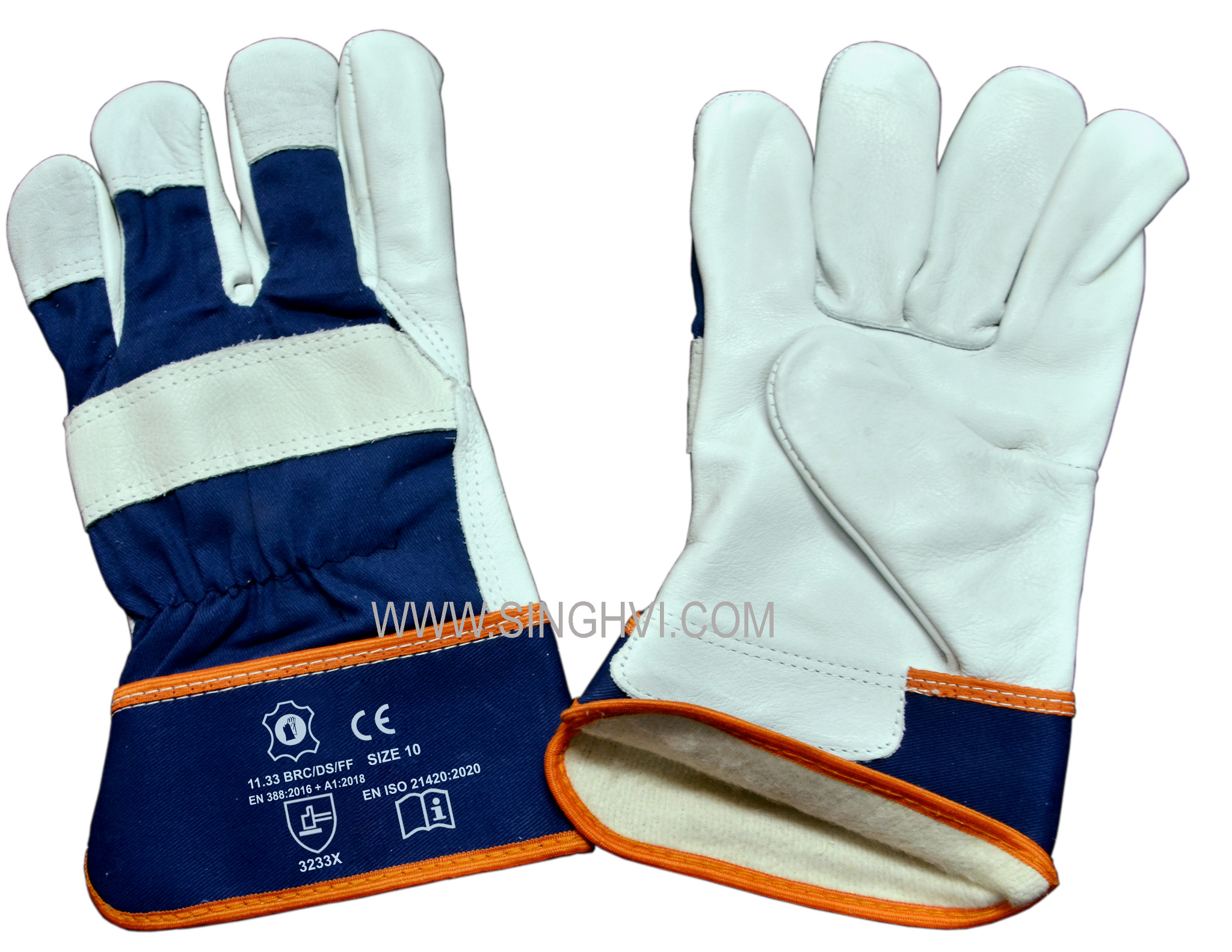 Canadian rigger gloves: cow grain leather with rubberised cuff, double stitch and full lining inside. Article 11.33 BRC/DS/FF.