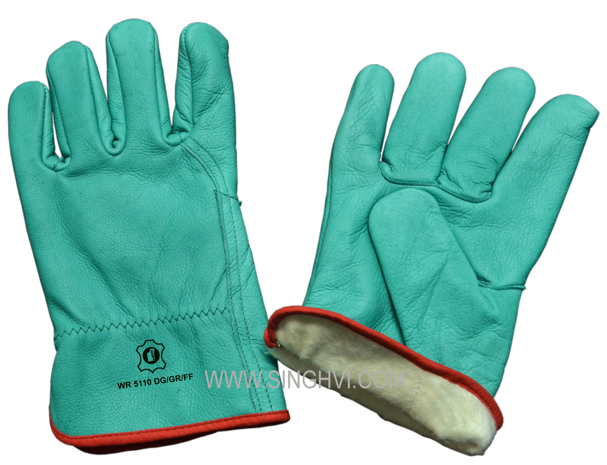 Leather driver and general-purpose gloves: water-repellent greenish cow grain leather with full lining inside. Article WR 5110 DG/GR/FF.