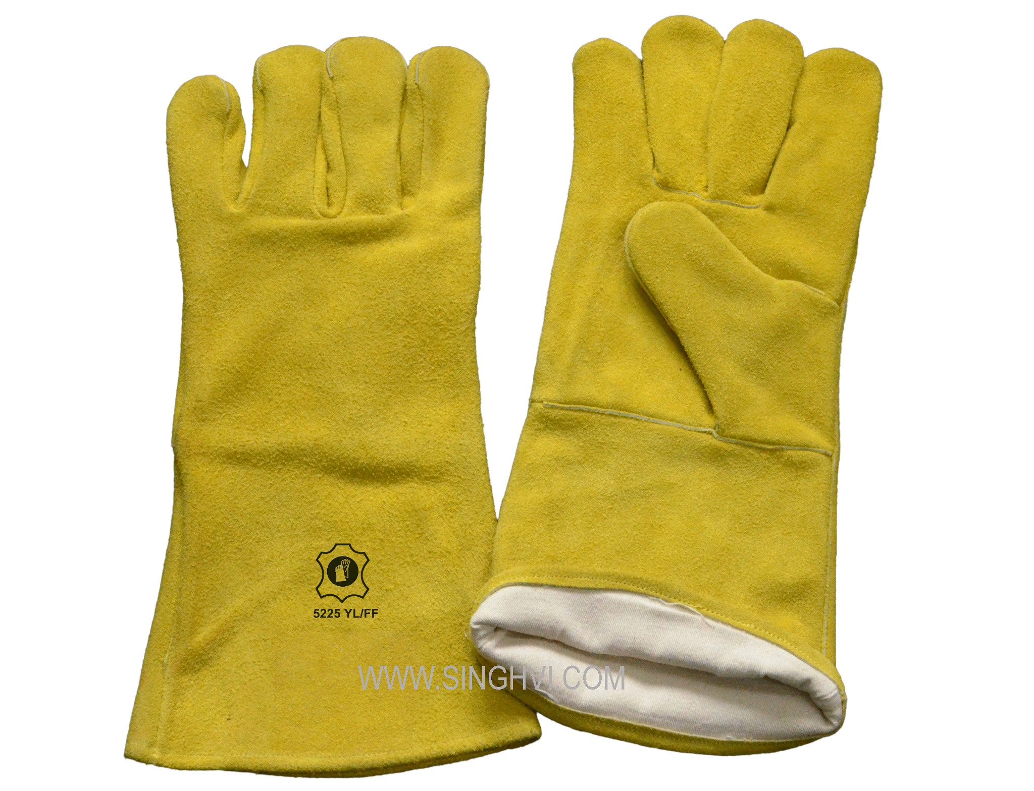 Leather welding gloves: full yellow split winter welder with 15cm cuff and full lining inside. Article 5225 YL/FF.