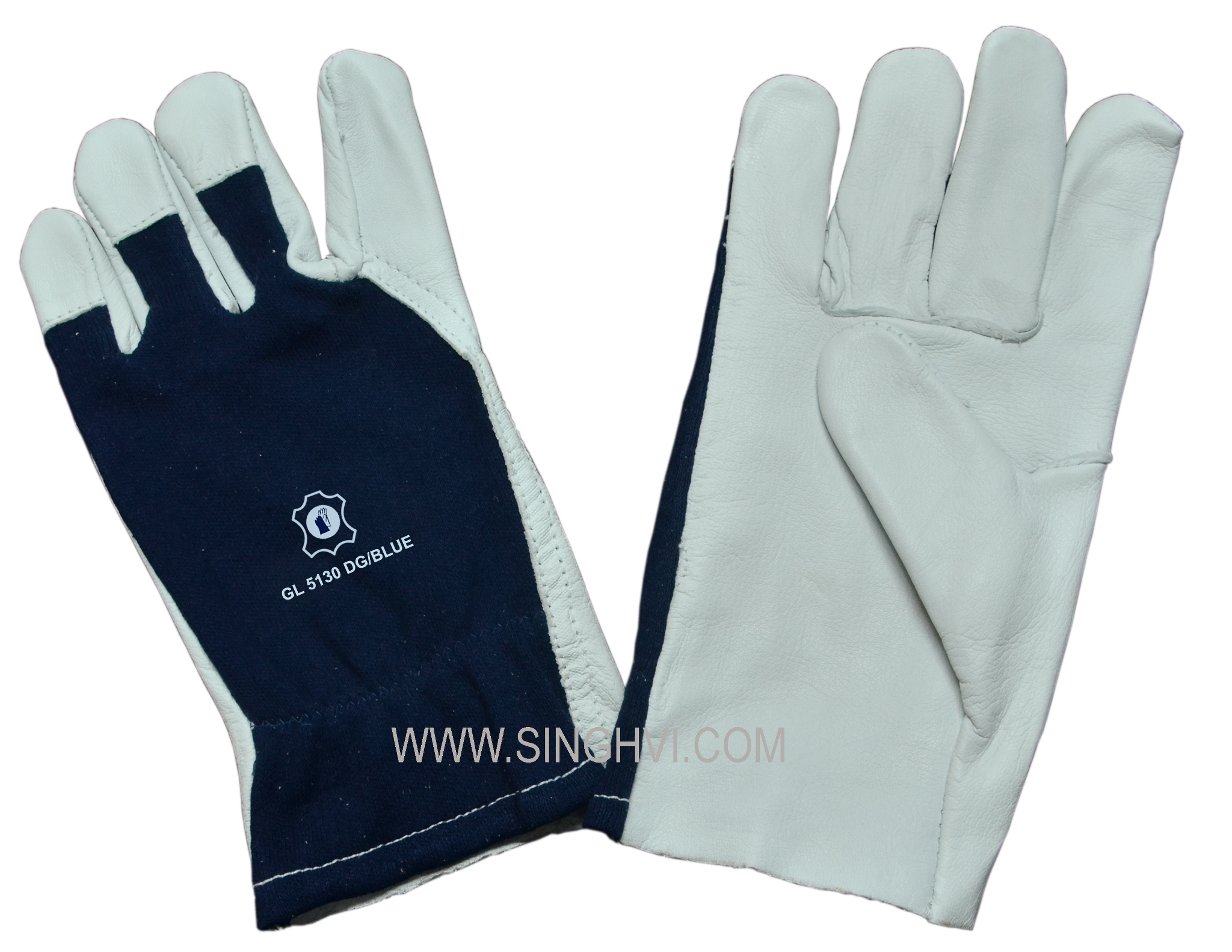 Leather driver and general-purpose gloves: goat grain leather palm with blue fleecy back and three cow grain leather nail guards. Article GL 5130 DG/BLUE.