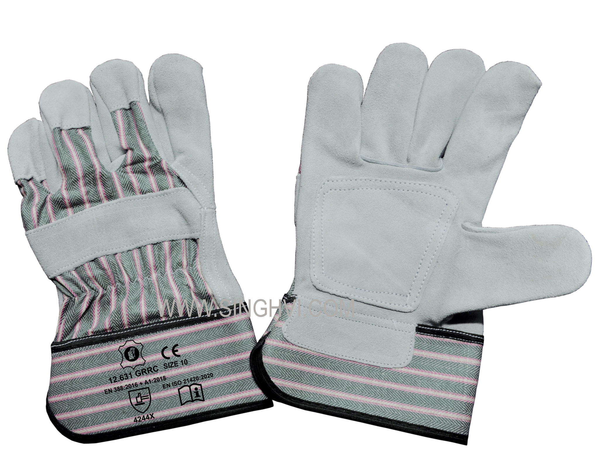 Canadian rigger gloves: cow split leather with rubberised cuff and square palm reinforcement. Article 12.631 GRRC.