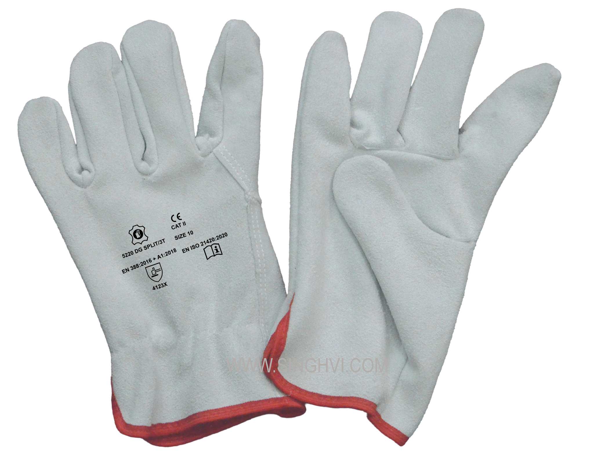 Leather driver and general-purpose gloves: full cow split leather with three tip back cut. Article 5220 DG SPLIT/3T.