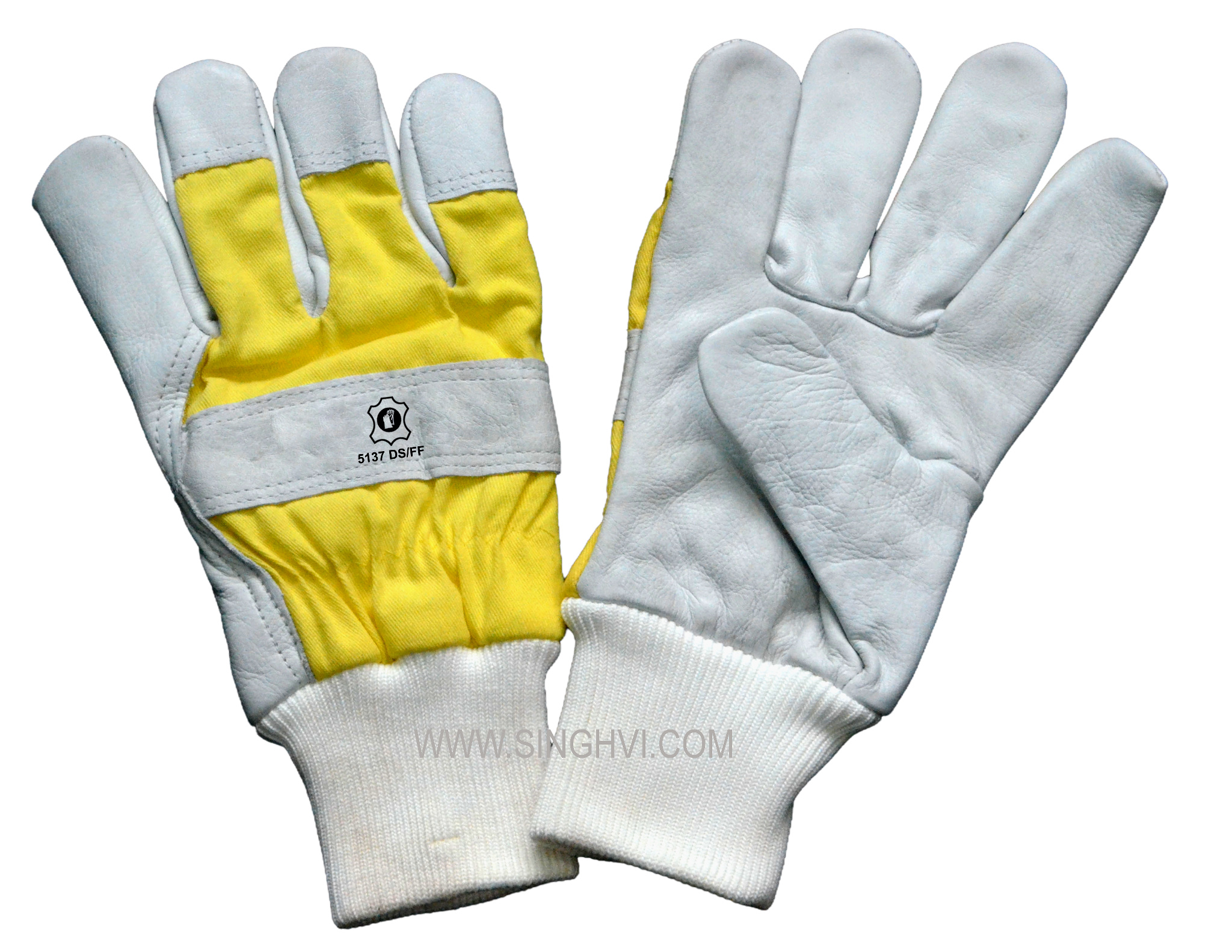 Leather driver and general-purpose gloves: cow grain leather palm with fabric back, knitted wrist, double stitch and full lining inside. Article 5137 DS/FF.