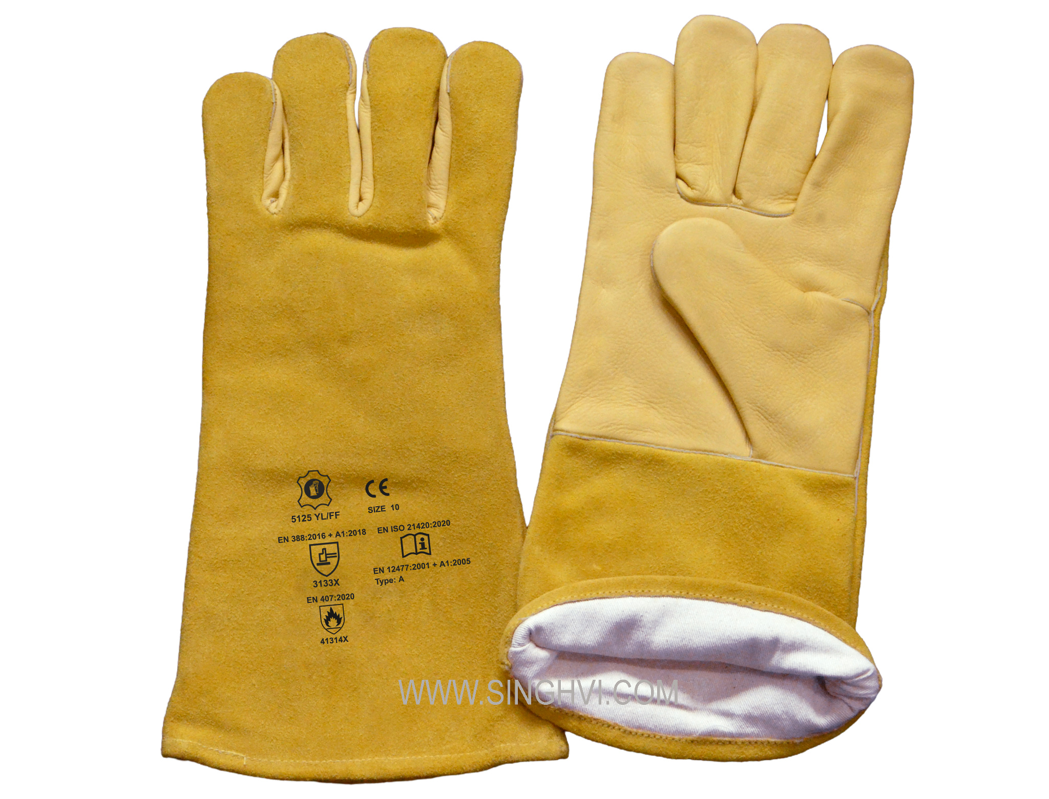 Leather welding gloves: combined yellow winter welder with 15cm cuff and full lining inside. Article 5125 YL/FF.