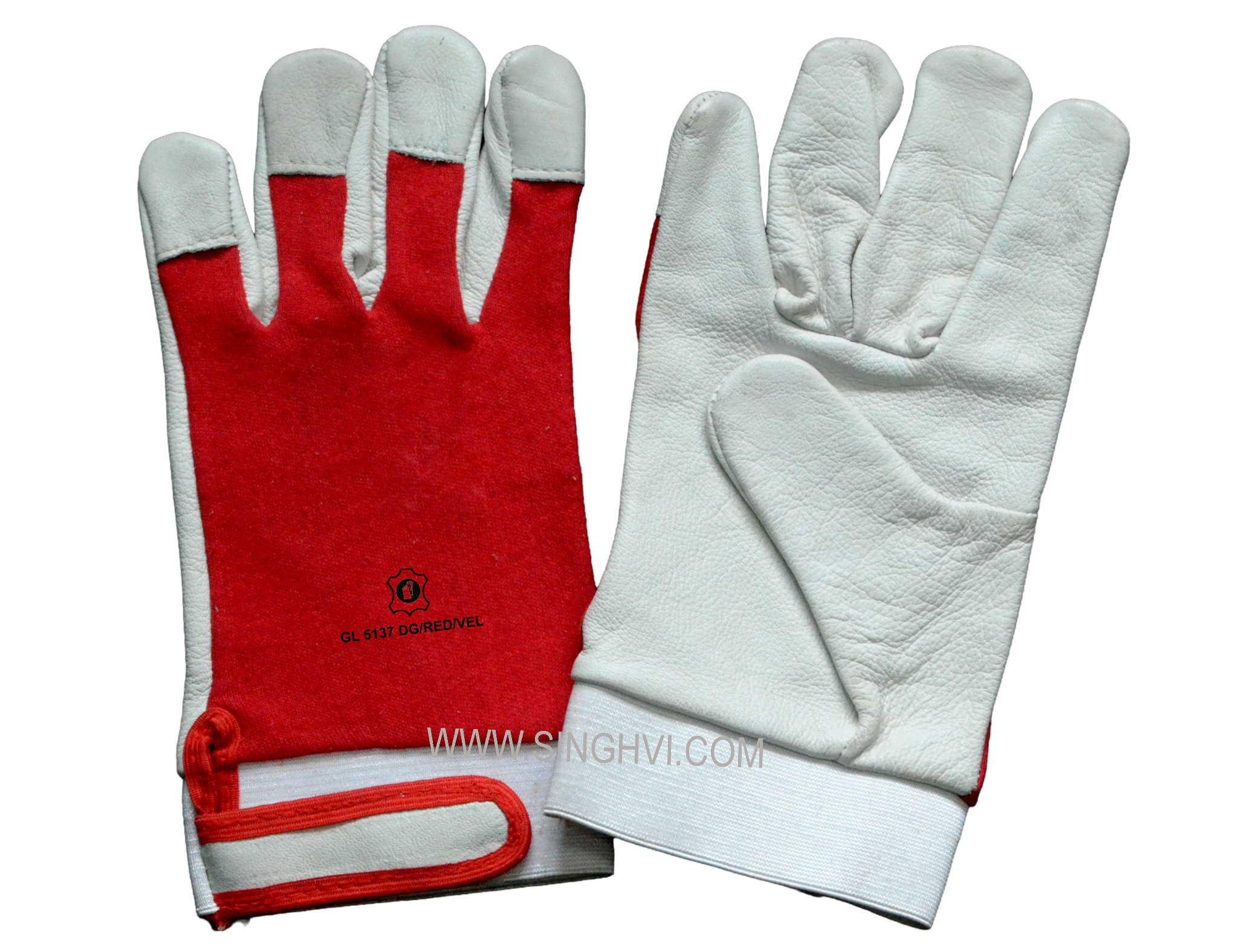 Leather driver and general-purpose gloves: goat grain leather palm with red fleecy back, elasticated cuff and Velcro strap. Article GL 5137 DG/RED/VEL.
