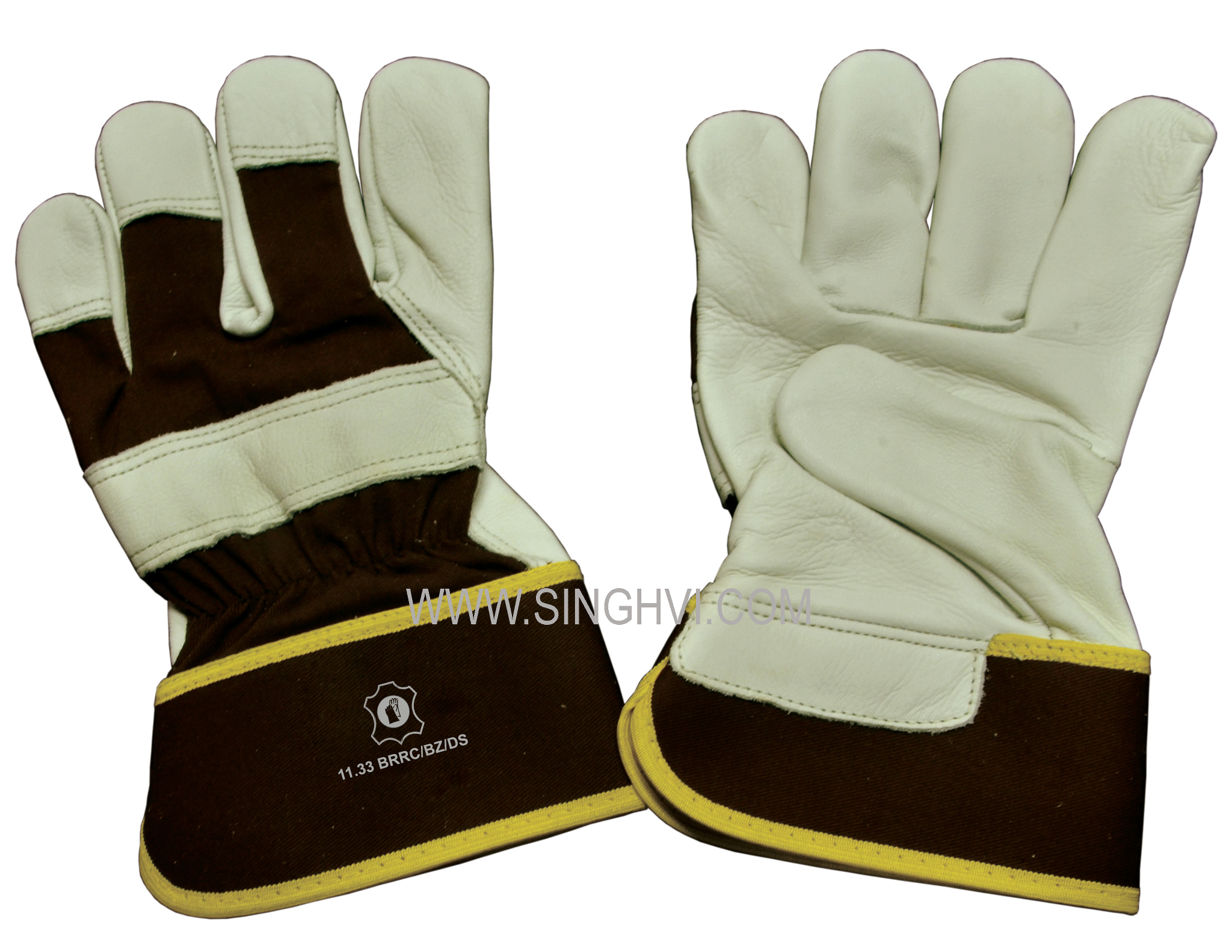 Canadian rigger gloves: beige cow grain leather with rubberised cuff and double stitch. Article 11.33 BRRC/BZ/DS.